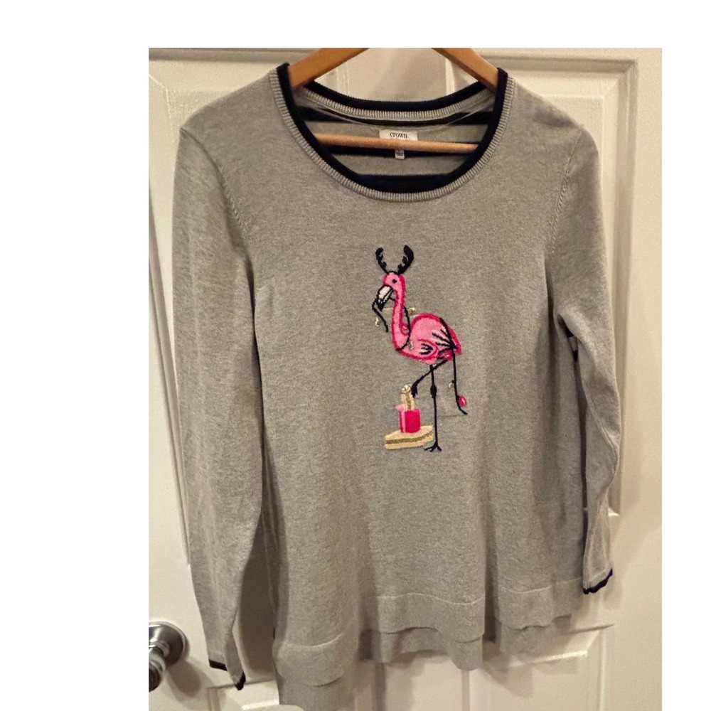 Holiday Flamingo Reindeer Stripe Back Grey Knit Sweater Women Large